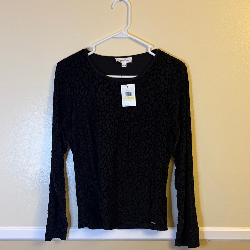 Calvin Klein Womens Black Leopard Burnout Velvet Long Sleeve Top M S6NT786A